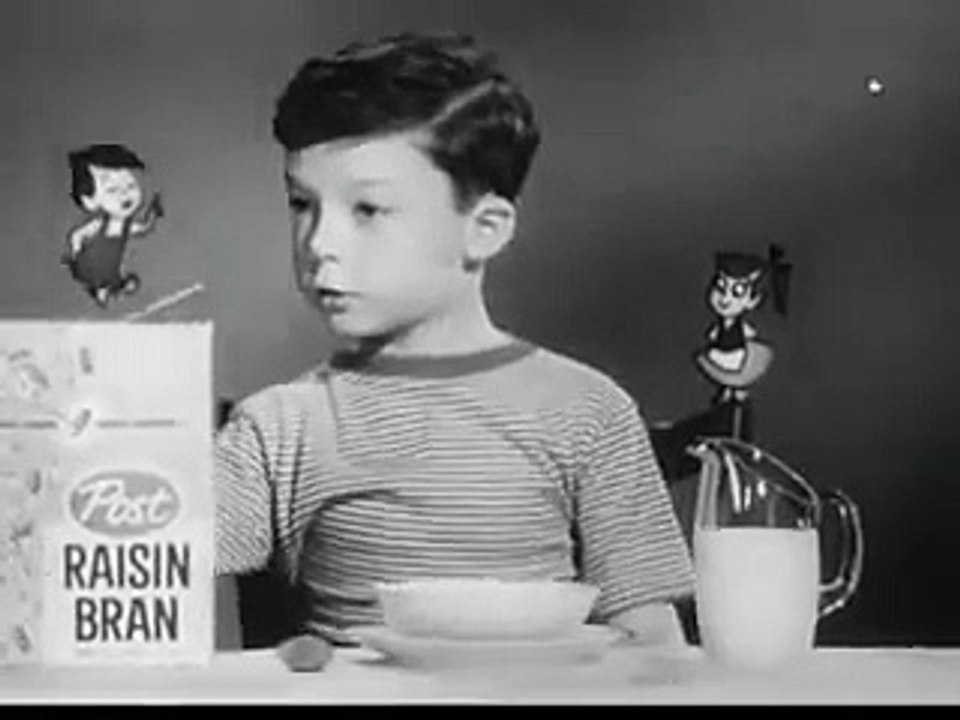 VINTAGE 1950s POST RAISIN BRAN COMMERCIAL ~ YOUNG GENIUS BEING TRAINED BY ANIMATED CHARACTERS