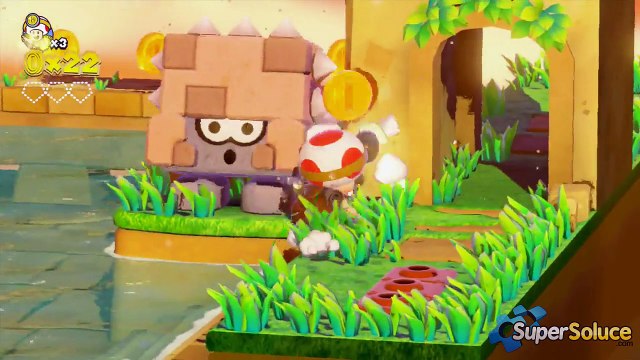 Captain Toad Treasure Tracker : Cheminement, récupération des 3 Super Diamants et Défi Bonus du niveau 02 \ Temple-tournis des Passerapoint\