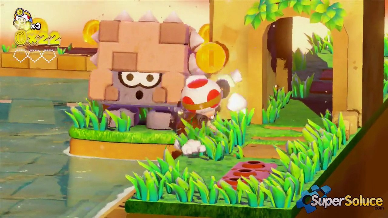 Captain Toad Treasure Tracker : Cheminement, récupération des 3 Super Diamants et Défi Bonus du niveau 02 \"Temple-tournis des Passerapoint\"
