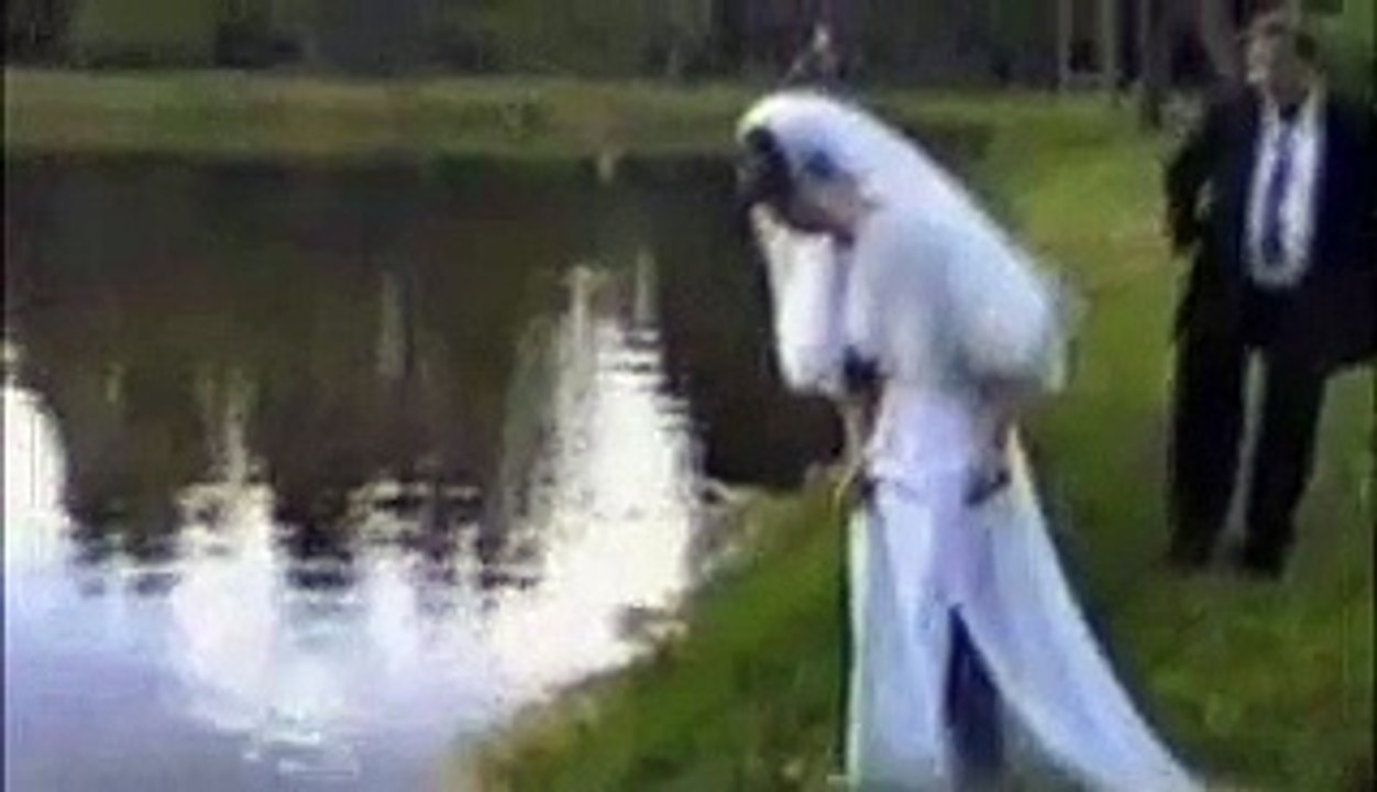 Un mariée s'approche trop près d'un cygne