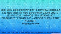 2006 2007 2008 2009 2010 2011 TOYOTA COROLLA 1.8L New Mass Air Flow Sensor MAF 22204-0H010 / 22204-31020 / 197400-5150 / 1974005150 / 2220431020 / 222040H010 - (CROSS CHECK PART NUMBER) Review