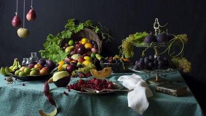 Nature morte vivante de fruits avec souris