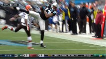 Benjamin goes airborne to haul in 18-yard pass from Newton