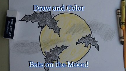 How to draw bats on the moon for Halloween, step by step for kids