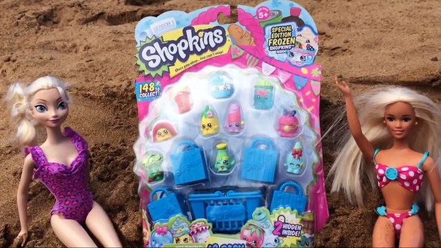 Elsa and Barbie Open Surprise Shopkins on Hawaii Beach DisneyCarToys Shopkins Unboxing with Dolls