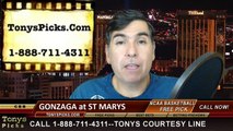 St Marys Gaels vs. Gonzaga Bulldogs Free Pick Prediction NCAA College Basketball Odds Preview 2-21-2015