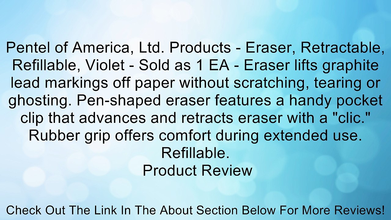 Pentel of America, Ltd. Products - Eraser, Retractable, Refillable, Violet - Sold as 1 EA - Eraser lifts graphite lead markings off paper without scratching, tearing or ghosting. Pen-shaped eraser features a handy pocket clip that advances and retracts er