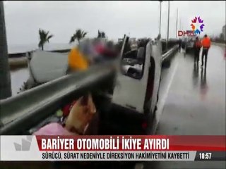 Rize'de yol kenarındaki Bariyer otomobili ortadan ikiye ayırdı