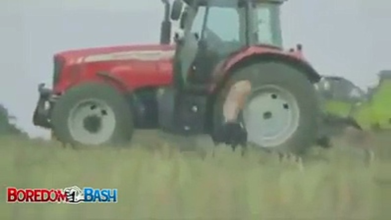 crazy farmer took off his clothes and jumped into harvester
