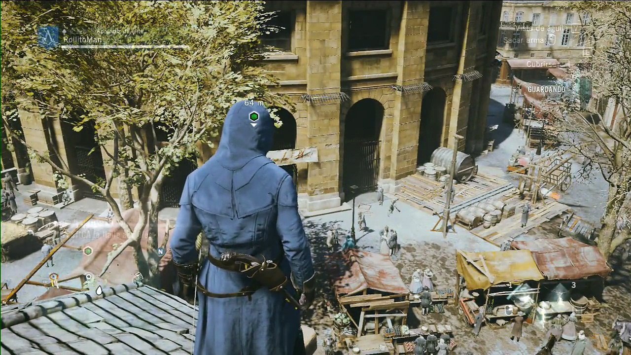 Assassins Creed Unity, gameplay parte 13, misión La Halle aux blés, Pegandole fuego al almacen Templario