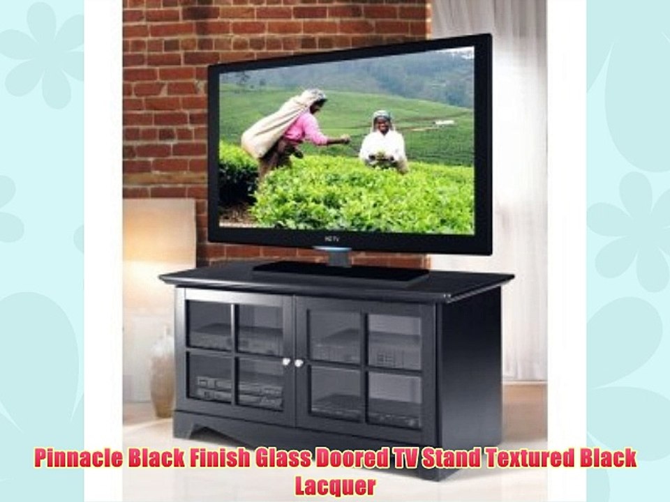 Pinnacle Black Finish Glass Doored TV Stand Textured Black Lacquer