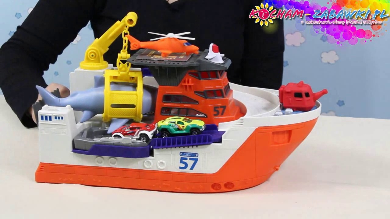 matchbox shark ship floats in water and rescue on land