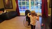 Toddler teaching a dog how to hula hoop