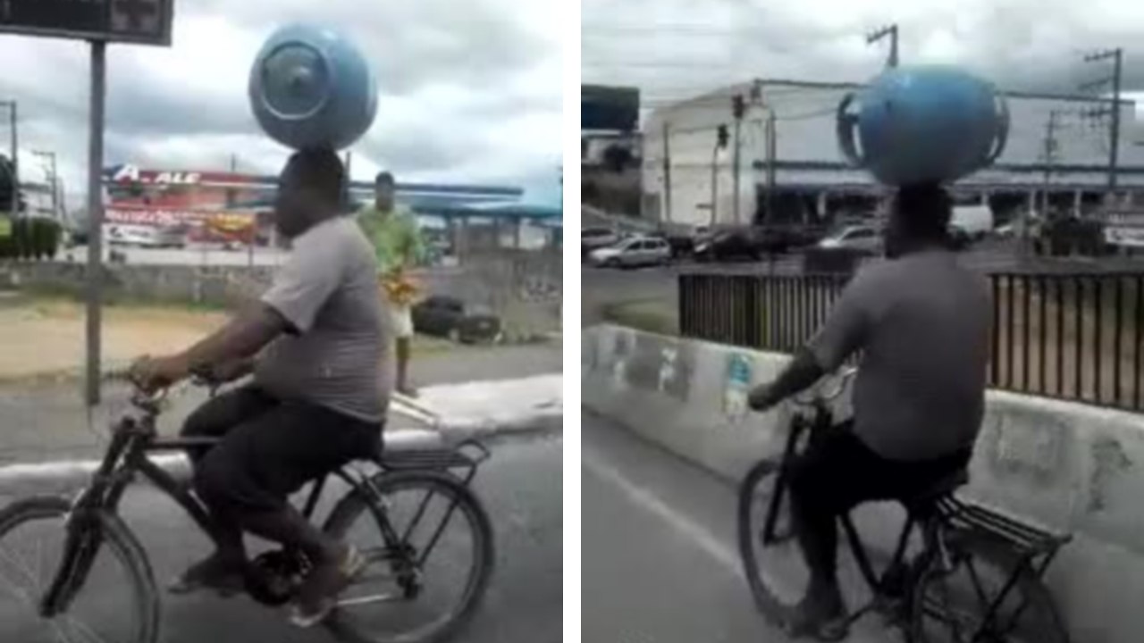 Rouler en vélo avec une bouteille de gaz en équilibre sur la tête