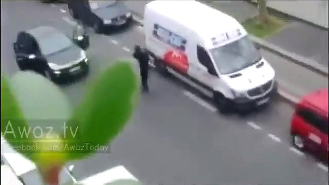 Video of gunmen fleeing after attacking the offices of the Charlie Hebdo magazine in Paris