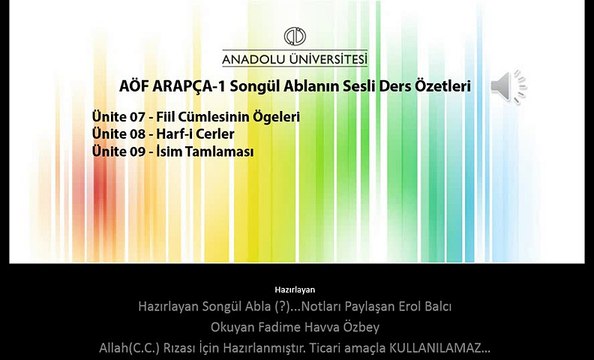 AÖF ARAPÇA-1 Ünite 07-09 Erol Balcı Paylaşımı Songül Ablanın Ders Özetleri