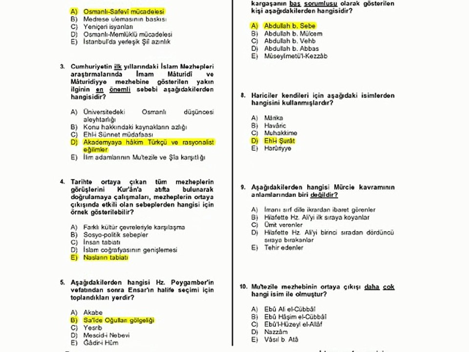 ilh2004 İslam Mezhepleri Tarihi 2010-2011 Güz Ara Sınavı Soru ve Cevapları