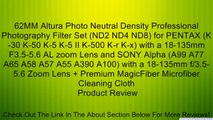 62MM Altura Photo Neutral Density Professional Photography Filter Set (ND2 ND4 ND8) for PENTAX (K-30 K-50 K-5 K-5 II K-500 K-r K-x) with a 18-135mm F3.5-5.6 AL zoom Lens and SONY Alpha (A99 A77 A65 A58 A57 A55 A390 A100) with a 18-135mm f/3.5-5.6 Zoom Len