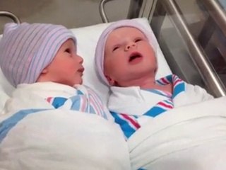 Newborn (one-hour-old) twins have first -conversation