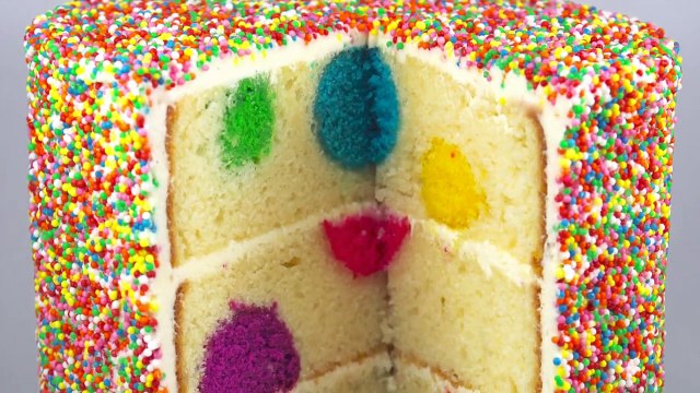Rainbow Polka Dot Cake - Surprise Inside Sprinkle Cakes with Cupcake Addiction