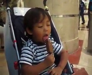 Cute boy eat ice cream with sleeping hahahaaaahahaha