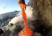 Lava Rushes to the Ocean From Volcanic Hawaii Coastline