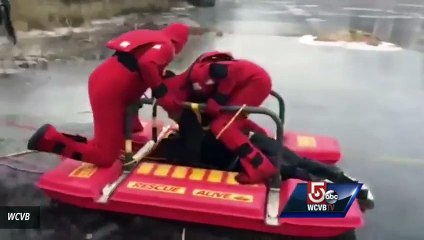 MA Firefighters Rescue Man Playing Hockey On Ice
