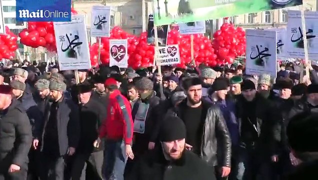 Exclusive Video of tens of thousands gather to protest against Charlie Hebdo in Chechnya