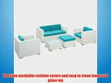 LexMod Malibu Outdoor Wicker Patio 5 Piece Sofa Set In White with Turquoise Cushions