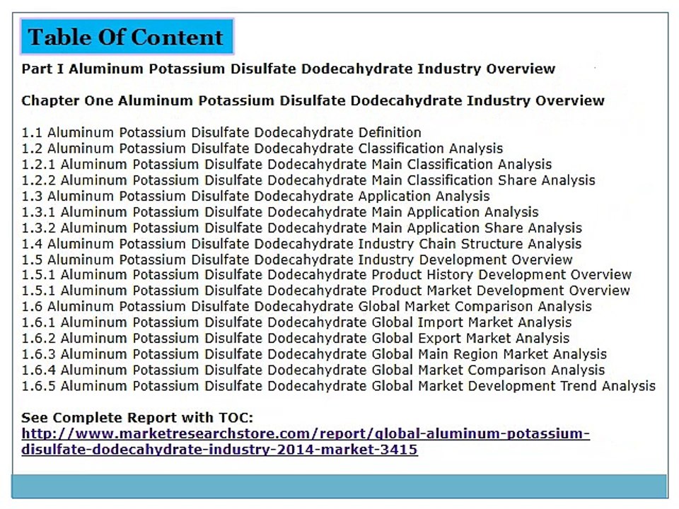 Global Aluminum Potassium Disulfate Dodecahydrate Market 2014 Size, Share, Demand, Industry Growth, Trends, Opportunities and Forecast
