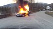 Violent car explosion : Firefighters extinguishing a Mercedes on fire goes wrong