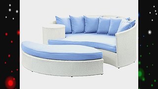 LexMod Taiji Outdoor Wicker Patio Daybed with Ottoman in White with Light Blue Cushions