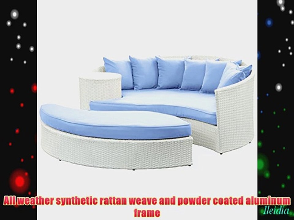 LexMod Taiji Outdoor Wicker Patio Daybed with Ottoman in White with Light Blue Cushions