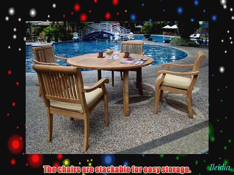 New 5 Pc Luxurious Grade-A Teak Dining Set - 52 Round Table and 4 Stacking Arbor Arm Chairs