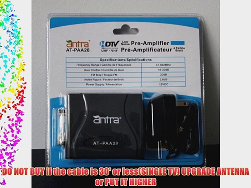 Antra AT-PAA28 Low Noise Pre-Amplifier HDTV Pre-amp Signal Booster for UHF VHF Antenna 28dB