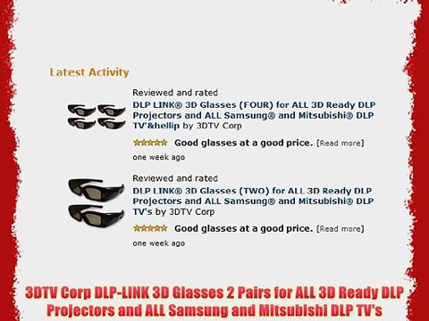 3DTV Corp DLP-LINK 3D Glasses 2 Pairs for ALL 3D Ready DLP Projectors and ALL Samsung and Mitsubishi