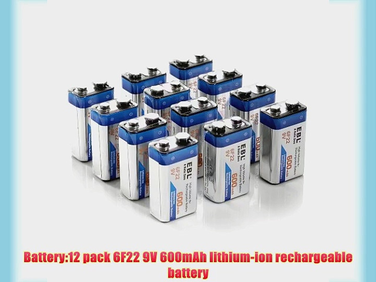 EBL 12-Pack 6F22 600mAh 9V Lithium-Ion Rechargeable Batteries 