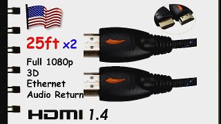 ADVANCED PACK OF 2 - 25ft X2 HDMI Cable w/Nylon Net Mesh 1.4 Category 2 Certified Gold Digital