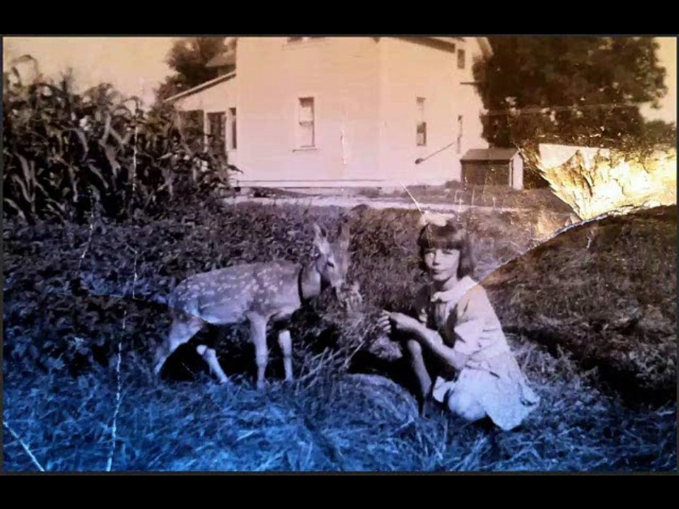 Restoration and colorisation of a photograph of a young girl with her pet deer (c 1940)