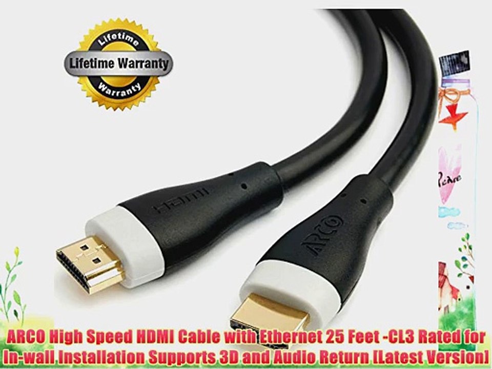 ARCO High Speed HDMI Cable with Ethernet 25 Feet -CL3 Rated for In-wall Installation Supports