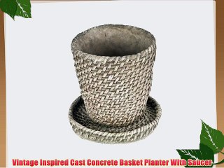 Vintage Inspired Cast Concrete Basket Planter With Saucer