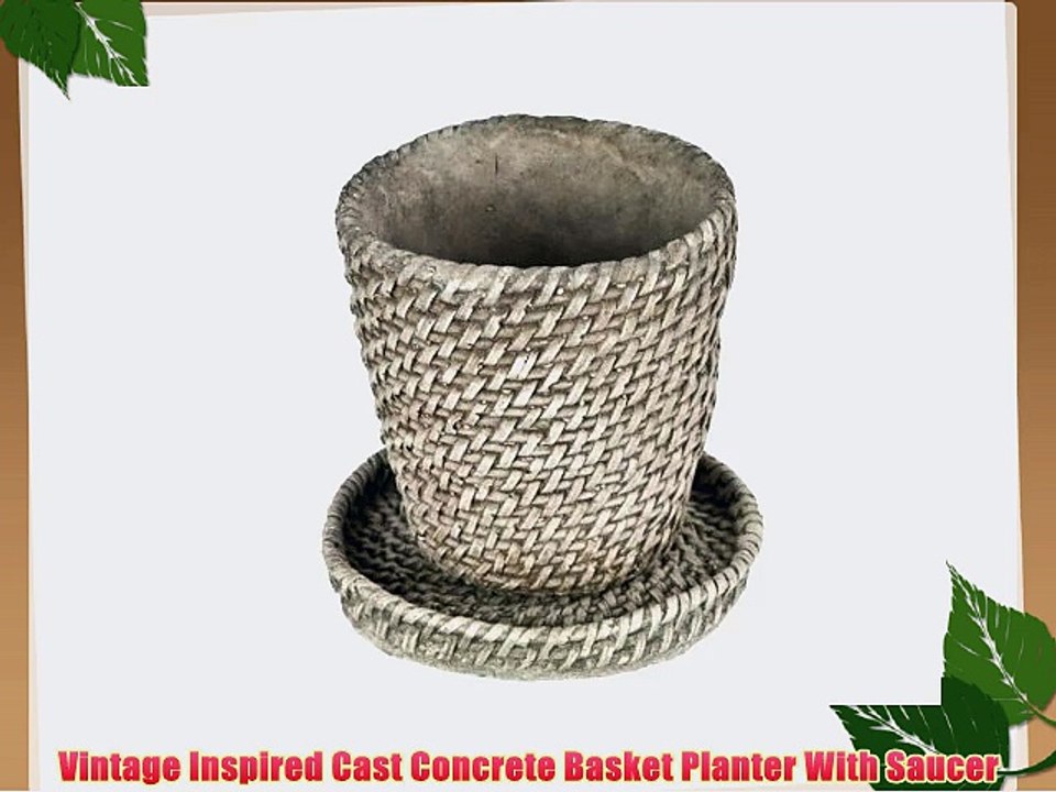 Vintage Inspired Cast Concrete Basket Planter With Saucer