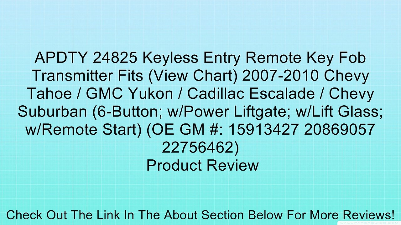 APDTY 24825 Keyless Entry Remote Key Fob Transmitter Fits (View Chart) 2007-2010 Chevy Tahoe / GMC Yukon / Cadillac Escalade / Chevy Suburban (6-Button; w/Power Liftgate; w/Lift Glass; w/Remote Start) (OE GM #: 15913427 20869057 22756462) Review