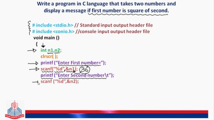 Write a program in C language that takes two numbers and display a message if first number is square of second.