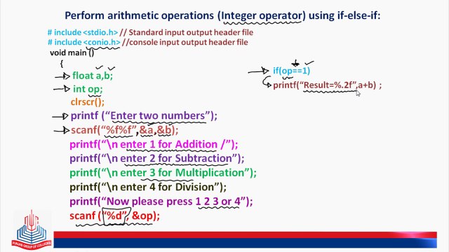 Perform arithmetic operations (integer Operator) using if else if