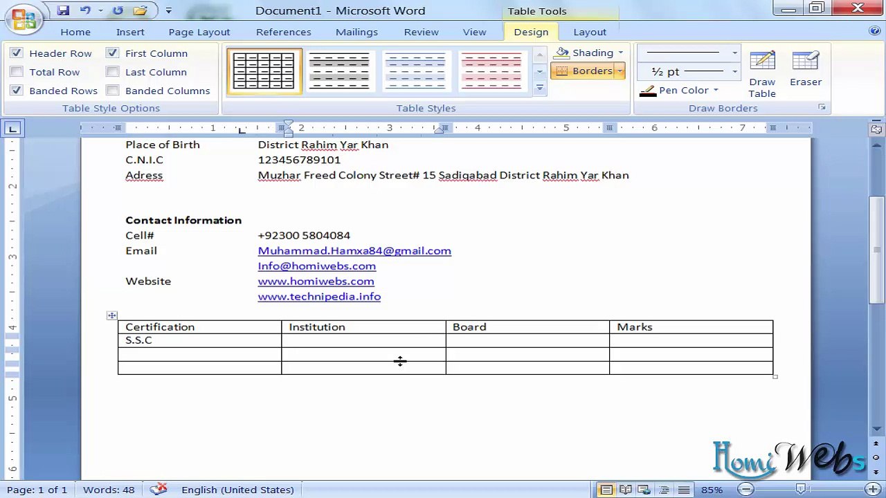 Ms Word (Urdu-Hindi) Lec 7- CV - HomiWebs