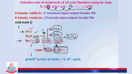 C Program: To Calculate reciprocals of even numbers using for loop. S= 1/2+1/4+1/6+----+1/20.