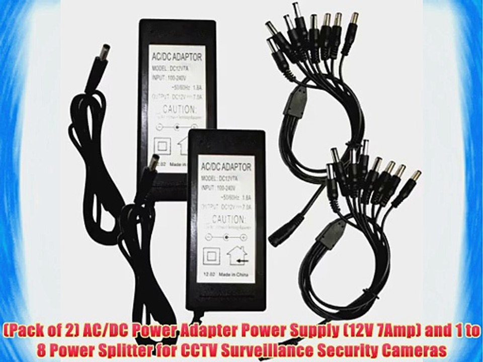 (Pack of 2) AC/DC Power Adapter Power Supply (12V 7Amp) and 1 to 8 Power Splitter for CCTV