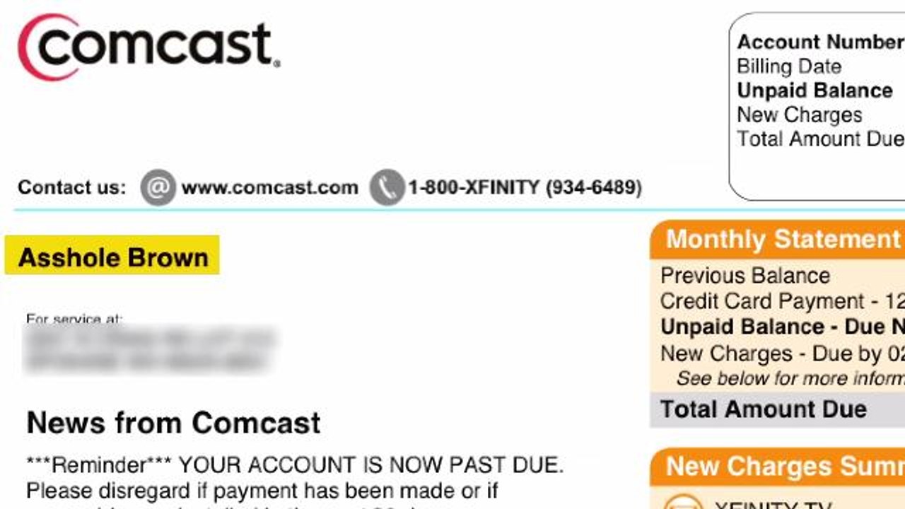 Comcast Calls Customer A**hole on Bill