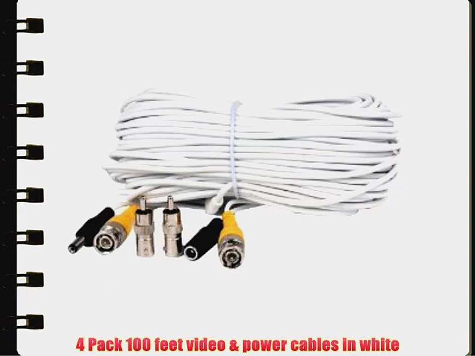 VideoSecu 4 Pack 100ft Feet Video Power White Cables Security Camera Extension Wires Cords